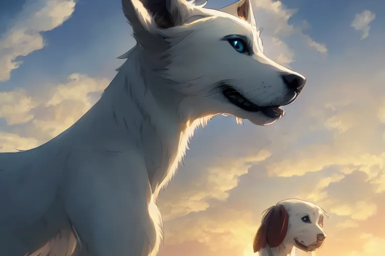 Image similar to blue eyed celestial dog, single subject, scenic full shot, ambient lighting, detailed face, by makoto shinkai, stanley artgerm lau, wlop, rossdraws