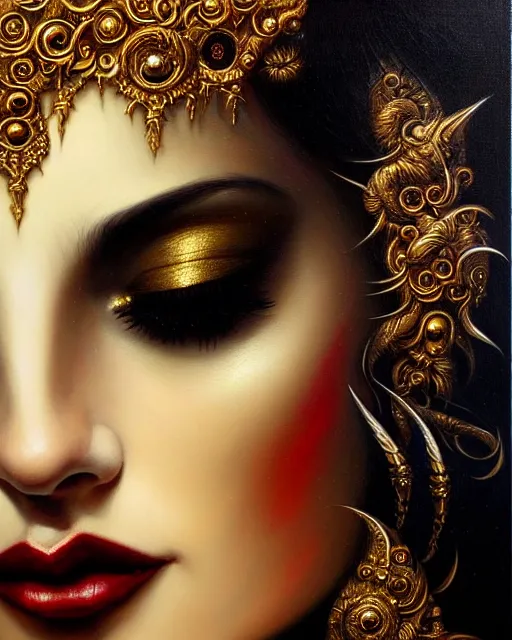 Image similar to portrait of a beautiful goddess, enigmatic beauty, dominant shades of black, gold silver, dark red, white, head in focus, fantasy art, ornamental aesthetics, intricate, elegant, highly detailed, hyperrealistic, artstation, concept art, soft illumination, painterly, sharp focus, by karol bak