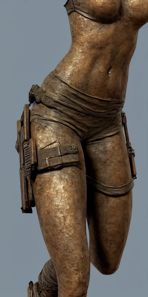 Image similar to detailed photo of an old bronze patina statue of beautiful lara croft, full body portrait, photorealism, intricate detail, museum diffuse lighting