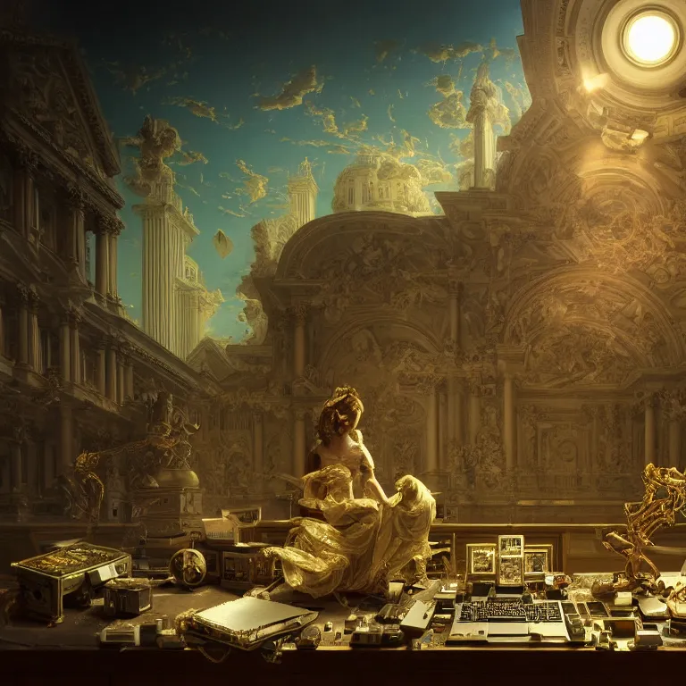 Image similar to motherboard, chip circuit, computer, dream - like atmosphere, baroque landscape painting, perfect composition, beautiful detailed intricate insanely detailed octane render trending on artstation, 8 k artistic photography, photorealistic, soft natural volumetric cinematic perfect light, chiaroscuro, award - winning photograph, masterpiece, raphael, caravaggio, greg rutkowski, beeple