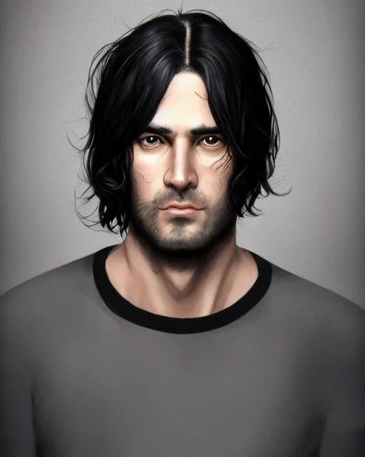 Image similar to portrait of tall, 3 3 - year - old handsome man with long dirty black hair, and grey eyes, wearing black clothes, smooth clear face, no beard, hyper realistic face, aristocratic appearance, beautiful eyes, character art, art by mark brooks, hyperdetailed, cryengine, trending on artstation, digital art