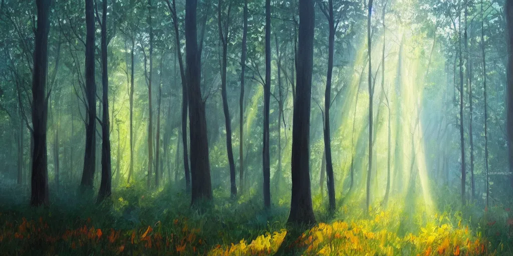 Image similar to An oil painting of an intensely beautiful forest in the morning with vertical trees; rays of light coming through the canopy; trending on artstation; extraordinary masterpiece!!!!!!