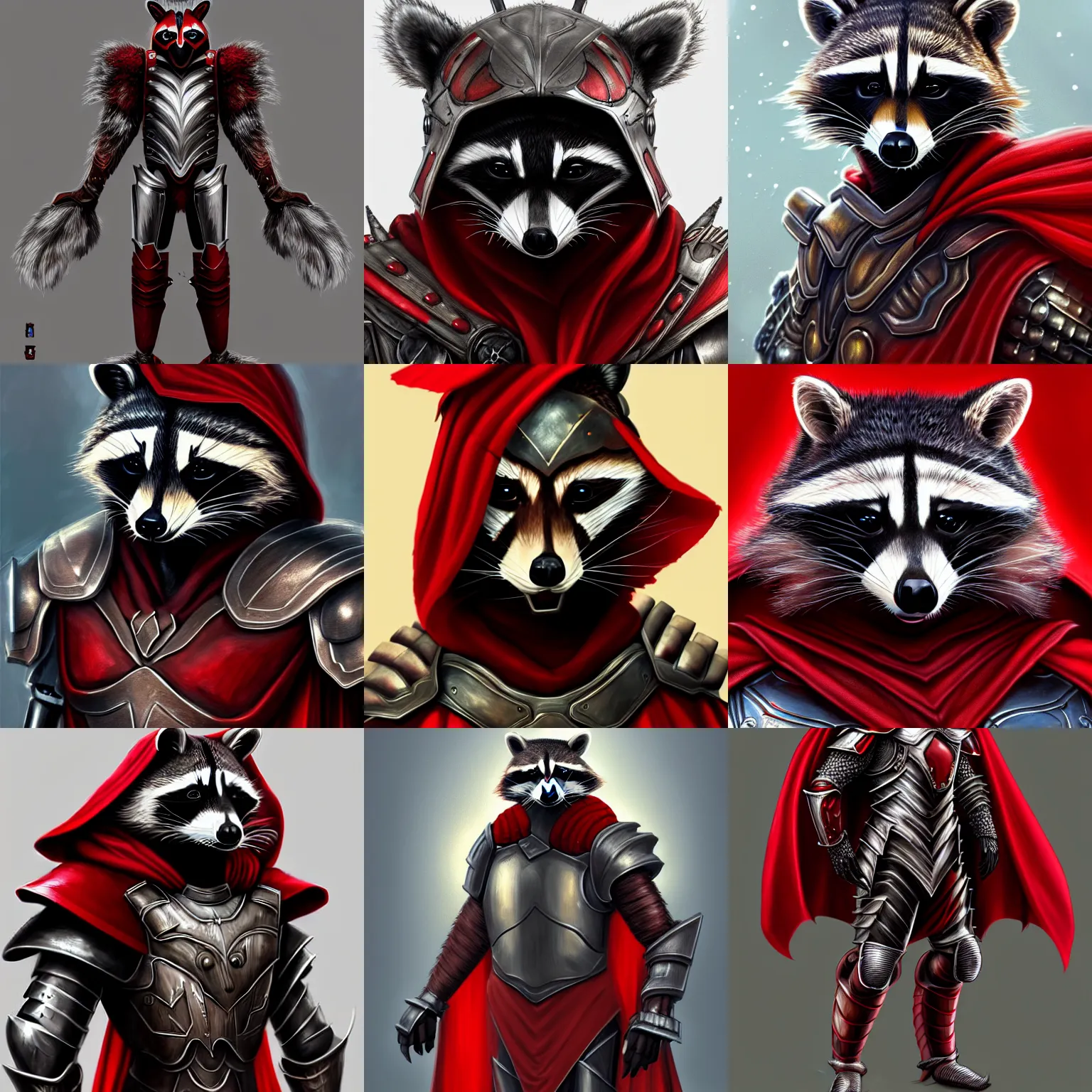 Prompt: Portrait of a raccoon humanoid wearing heavy armor. Iron armor, red cape, clothing. Fantasy, intricate, elegant, highly detailed, digital painting, artstation, concept art, smooth, sharp focus, illustration.