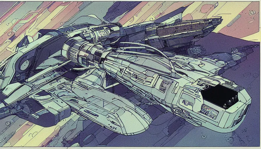 Image similar to flat color illustration of futuristic spacecraft by moebius and sparth,