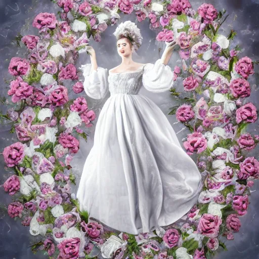 Prompt: a queen with a white large magnificent more and more vaporous ,wrapped ,hight decorated, detailed ,white and cream roses cotton dress shooting surrounded by a bouquet of abstract white flowers and clouds, reinassance background ,surrealism 8k