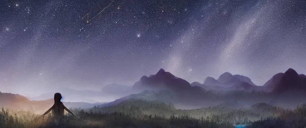 Image similar to digital photography of a ultra detailed night sky with constellations, detailed very beautiful girl with short hair swimming in a blue pool, Perseides meteor shower, ultra detailed hill top over behind a forest, large mountains in back, concept art, low angle, high detail, warm lighting, volumetric, vivid, beautiful, trending on artstation, by Jordan Grimmer, no focus, huge scene, ultra detailed trees, F11 aperture, in the style of JIM RICHARDSON