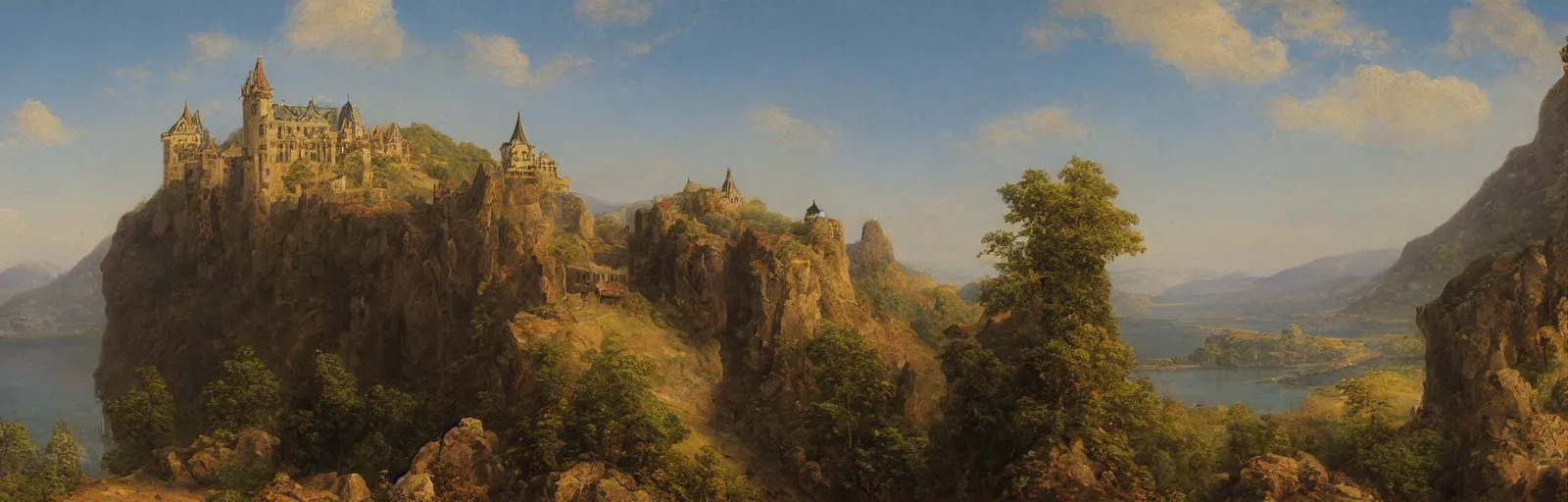 Image similar to a painting of a castle on top of a mountain, a matte painting by Charles Cundall,hudson river school, matte painting, rococo, detailed painting