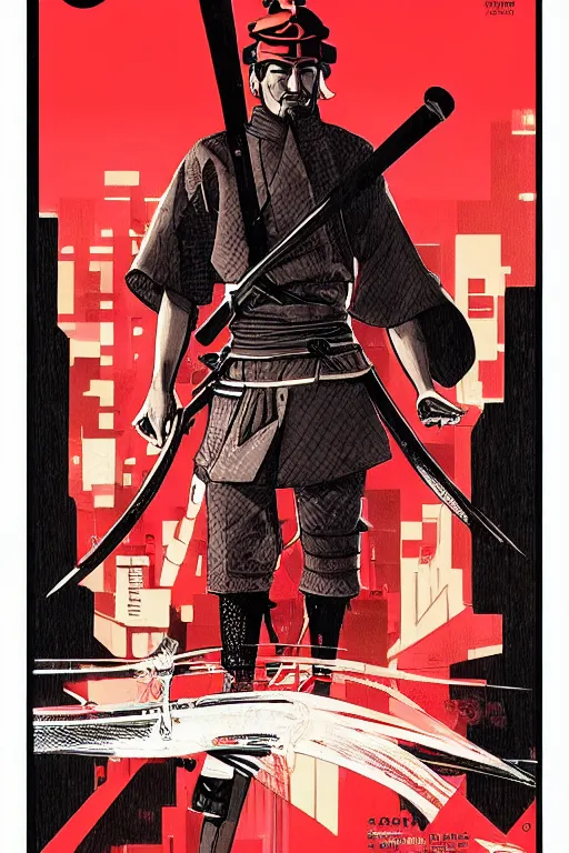 Image similar to 1 9 7 9 omni magazine cover of hiroyuki sanada in a samurai hat. simple stylized cyberpunk photo by josan gonzalez.