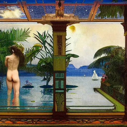 Image similar to Floating palace, moon reflecting on the water, thunderstorm, greek pool, beach and Tropical vegetation on the background major arcana sky, by paul delaroche, alphonse mucha and arnold böcklin, hyperrealistic 8k, award-winning, very very very detailed