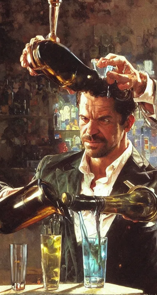 Image similar to close up of max payne pouring a drink, sun shining, photo realistic illustration by greg rutkowski, thomas kindkade, alphonse mucha, loish, norman rockwell.