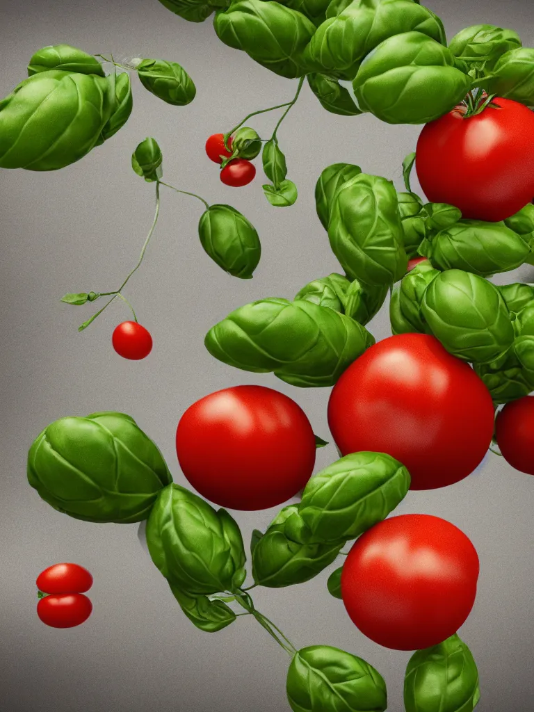 Image similar to highly detailed 3 d render of a mythical tree with sparse leaves of tomatoes and mozzarella! balls and basil leaves, hyper realistic octane render, cinematic lighting, deviantart, lowbrow, surrealism, pixar still