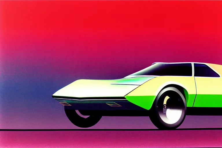 Image similar to designed by syd mead stylized poster of a single 1 9 6 9 amc amx / 3 citroen ds bmw m 1 concept, thick neon lights, ektachrome photograph, volumetric lighting, f 8 aperture, cinematic eastman 5 3 8 4 film