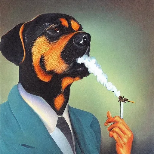 Image similar to oil painting by salvador dali of a rottweiler smoking a cigarette