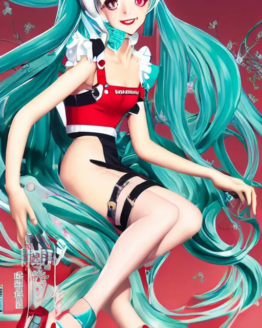 Prompt: Hatsune Miku full body pin up modeling in idol unioform, with a park in the back ground, post war style, detailed face, american postcard art style, by Gil Elvgren and krenz cushart