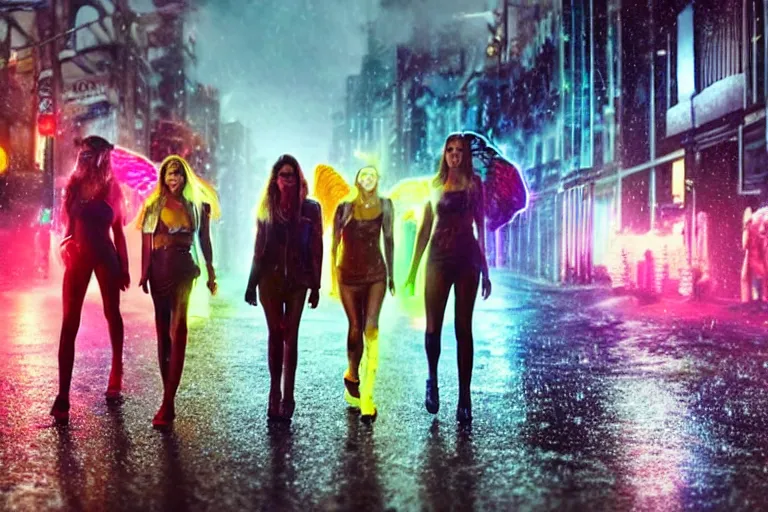 Image similar to a cinematic photograph of a group of angels walk through a dystopian city street whilst neon lightening strikes on the pavement, rain falls, ultra realistic, high definition