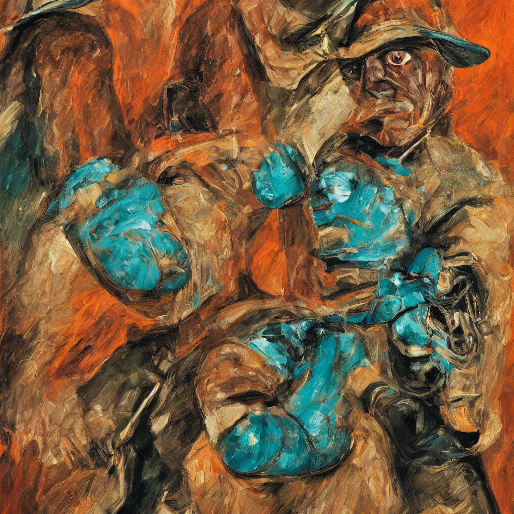 Image similar to high quality high detail painting by lucian freud, jenny savile, portrait of fire trooper, turquoise, hd