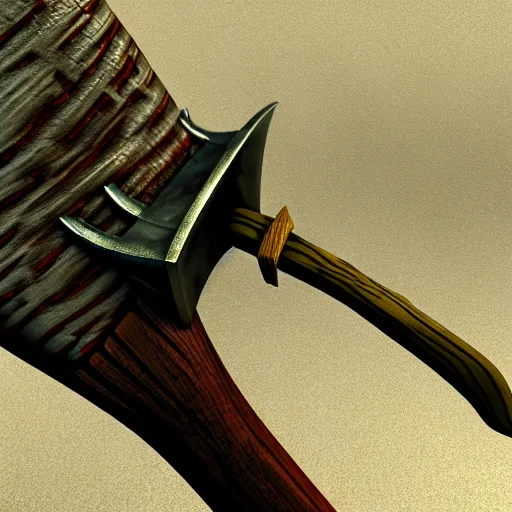 Image similar to Viking Battleaxe, Two Blades, Handle looks like a tree, blades bare the image of a wolf upon them, 3D render, fantasy weapon