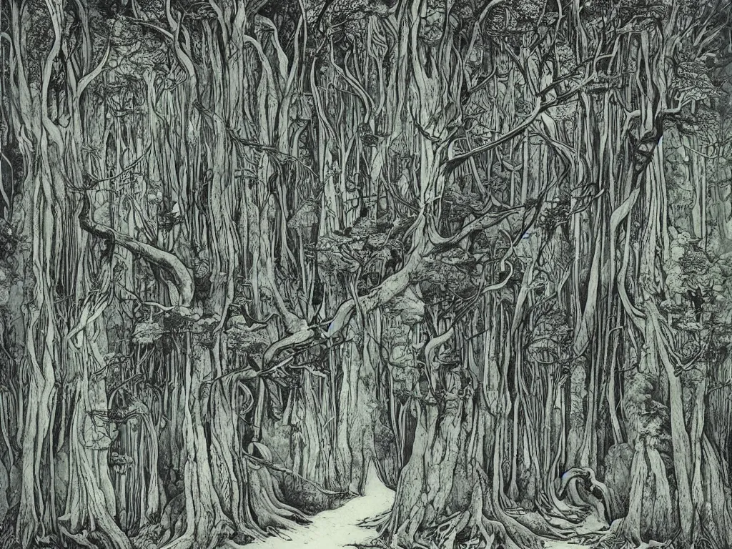 Prompt: dense ancient forest, artstation, by aubrey beardsley, by caspar david friedrich, by laurie lipton, by kay nielsen, by ivan shishkin, calligraphy, divine, paradox, gnarly trees, terrifying, witchcraft!, hope, mountains background