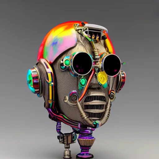 Prompt: a claymodel of a steampunk rococo spaced out futuristic robot head wearing multicolored tubes, 8 k, front shot, symetrical, flourescent colors, halluzinogenic, multicolored, exaggerated detailed, front shot, 3 d render, octane