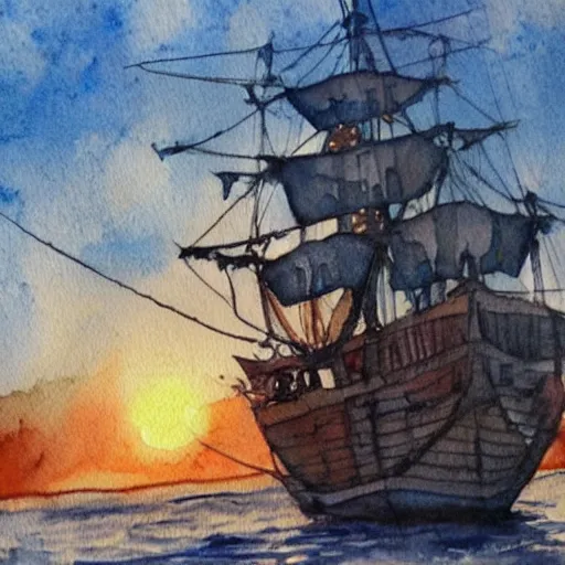 Prompt: Pirate Ship, sun in the background, ocean, trending on artstation, award winning, high resolution, watercolor, photorealistic