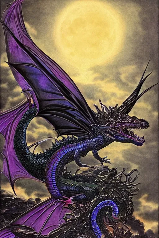 Prompt: beautiful iridescent black dragon with the moonlight shining on its scales | bejeweled lizard | cinematic lighting | Evelyn De Morgan and John Waterhouse | pre-Raphaelites | rich colors