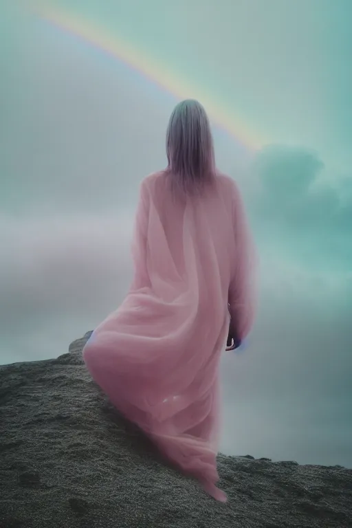 Image similar to high quality pastel coloured film close up wide angle photograph of a model wearing clothing resting on cloud furniture in a icelandic black rock!! environment in a partially haze filled dreamstate world. three point light, rainbow. photographic production. art directed. pastel colours. volumetric clouds. pastel gradient overlay. waves glitch artefacts. extreme facial clarity. 8 k. filmic.