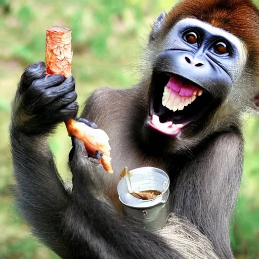 Prompt: a tin can opening its mouth to eat a monkey