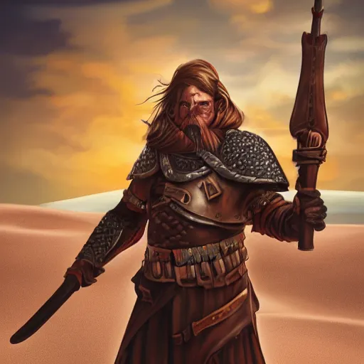 Image similar to a man holding a large blunderbuss. leather armor, no helmet. standing in a sand dune. colorful, bright, fantasy, artgerm, dnd, fantasy, rpg