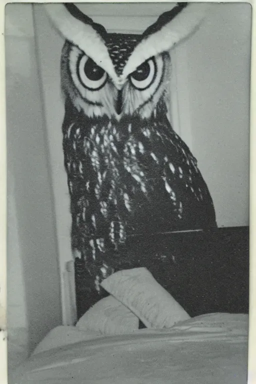 Image similar to paranormal polaroid of a singular demonic and very big owl perched on the bed headboard, low key lighting, creepy atmosphere