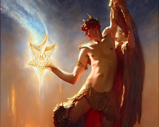 Image similar to attractive male deity, casting demonic magic, summoning handsome lucifer morning star. highly detailed painting by gaston bussiere, craig mullins, j. c. leyendecker 8 k