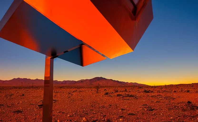 Image similar to giant black reflecting metal cube, standing in the mojave desert, dawn, orange sky, dslr photo, cinematic