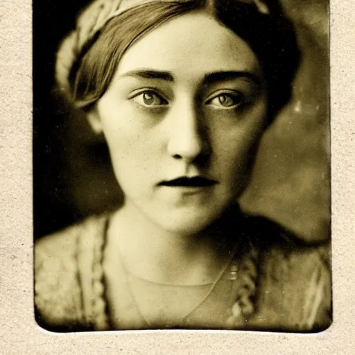 Prompt: Tintype photograph of Saoirse Ronan as a Irish ethnographic subject. 1920s studio lighting.