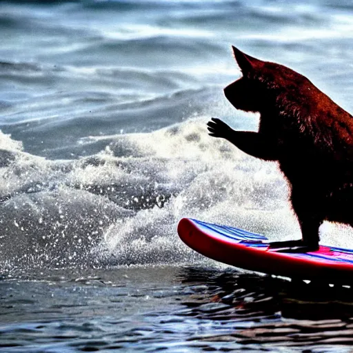 Prompt: wombat playing chess on spider - man painted paddle ski on waves dark ominous big waves dramatic