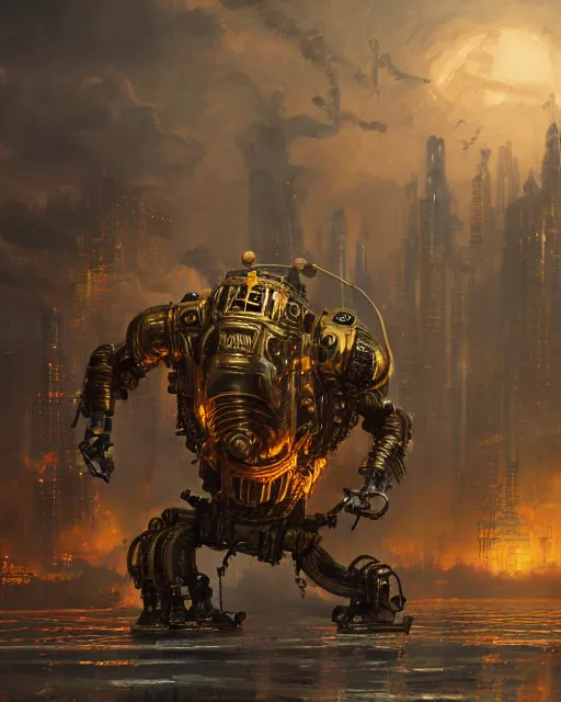 Image similar to oil painting of golden King Kong Steampunk Robot Hybrid attacking city, sharp focus, fantasy style, steampunk city background, octane render, volumetric lighting, 8k high definition, by greg rutkowski, highly detailed, trending on art Station