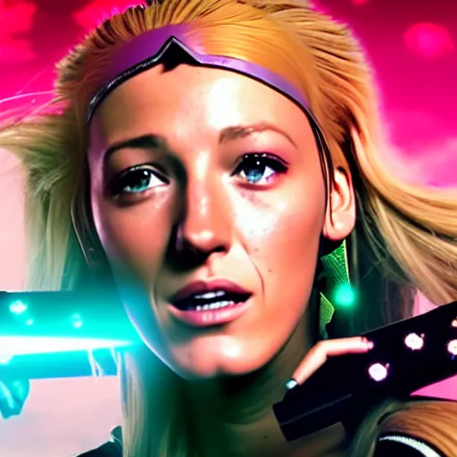 Image similar to cinematic scene with blake lively as jolyne from jojo's bizarre adventure, live action film, stone ocean, dramatic, small details, volumetric lighting, still frame