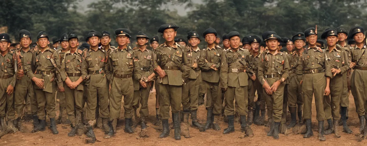 Prompt: a brigade of gurkhas pose valiantly after a well - foughtt victory, small details, intricate, 5 0 mm, cinematic lighting, photography, wes anderson, film, kodachrome