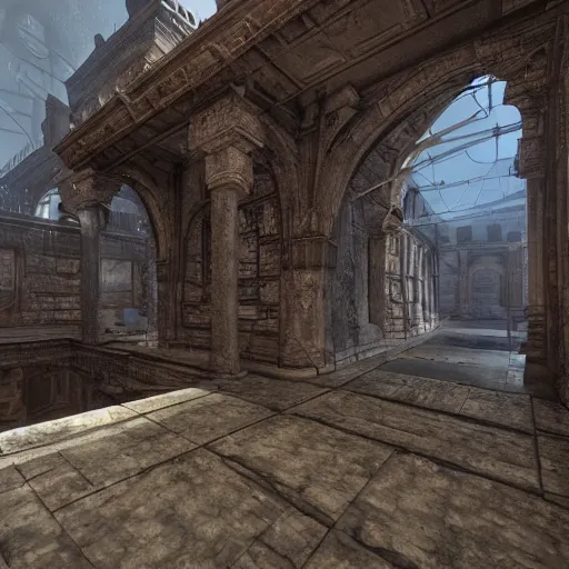 Image similar to architecture from quake, lovecraftian, liminal space, unreal engine 5, hyper detailed, hyper realistic