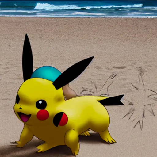 Prompt: papparazzi photograph of pikachu at a beach on ibiza