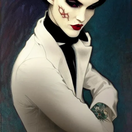 Image similar to beautiful portrait of androgynous ruby rose as desire from sandman in a white tuxedo!!!, rockabilly style,, by alphonse mucha, by jeremy mann, by peter lindbergh, cedric peyravernay, by frank moth, white suit and black tie, soft lightning, high detailed, 8 k