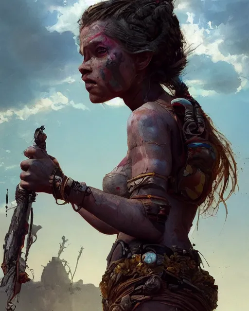 Prompt: hyper realistic photo of solarpunk postapocalyptic nomad tribal girl, full body, cinematic, artstation, cgsociety, greg rutkowski, james gurney, mignola, craig mullins, brom