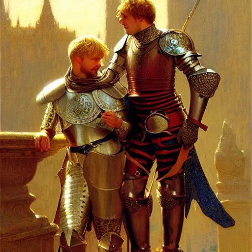 Image similar to attractive arthur pendragon and his attractive male knight, they are in love, natural lighting, path traced, highly detailed, high quality, digital painting, by gaston bussiere, craig mullins, alphonse mucha j. c. leyendecker