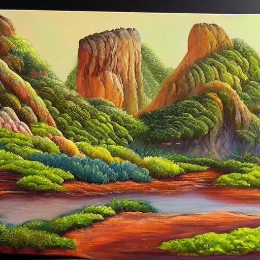 Prompt: acrylic painting of a lush natural scene on an alien planet by wim van de wege. beautiful landscape. weird vegetation. cliffs and water.