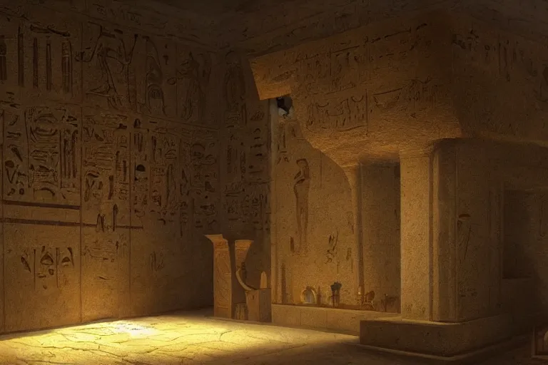 Image similar to interrior of an egyptian tomb with shiney gold and onyx by greg rutkowski and james gurney, trending on artstation, hdr, highly detailed