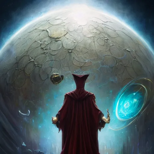 Image similar to the creator of worlds wearing a cloak and holding a holographic planet projection in his hand, detailed, sci - fi, digital painting, artstation, sharp focus, illustration, ominous, artgerm, tomasz alen kopera, peter mohrbacher, donato giancola, joseph christian leyendecker, wlop, frank frazetta