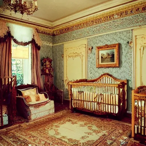 Image similar to !dream The scene is set in a grandiose nursery, with high ceilings and walls adorned with expensive paintings. The room is filled with the crying of obese babies, who are crawling and playing with toys. In the center of the room is a large, ornate crib, where an obese baby is sleeping peacefully. Nearby, a unfashionable maid is feeding another baby from a ornate bottle. The atmosphere is happy and festive. Photography.