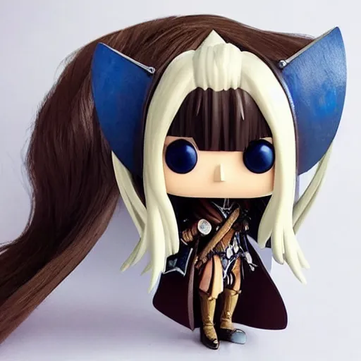 Image similar to “A detailed stunning and beautiful anime woman with brown flowing hair, long blue-cape, decorative leather armor, great proportions, excellent detail, surrounded by a catacomb of books, high quality, Full-body character portrait, trending on artstation, by POP FUNKO”