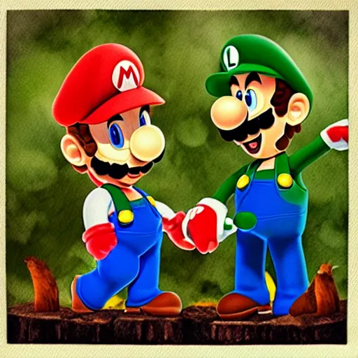 Image similar to mario and luigi eating mushrooms in the forest in a photorealistic style, photo captured on polaroid