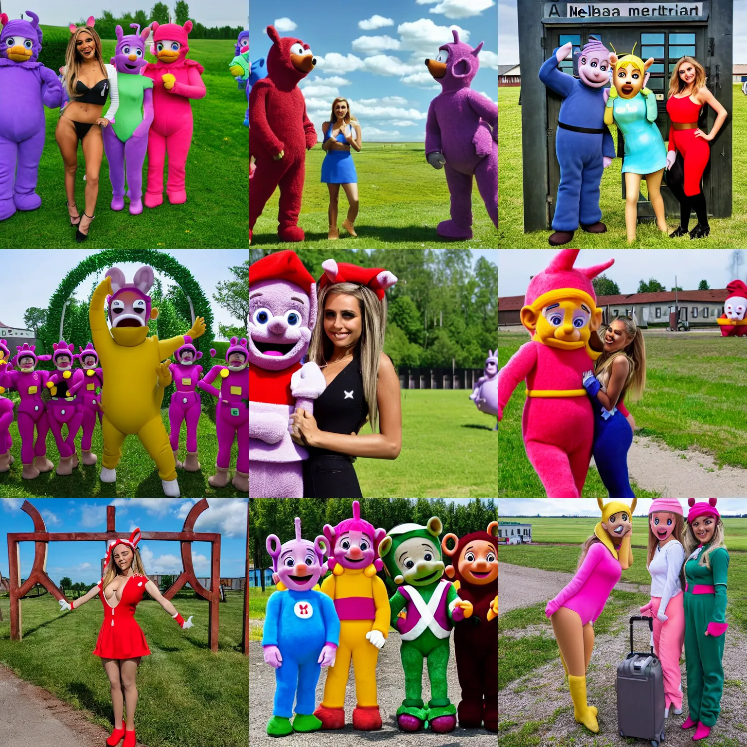 Prompt: nicole aniston mia malkova mia khalifa and teletubbies in front of arbreit macht frei concentration field in auschwitz, mia malkova and eva elfie kissing in front of arbreit macht frei gate, hitler kissing ariana grande in front of arbreit macht frei auschwitz gate