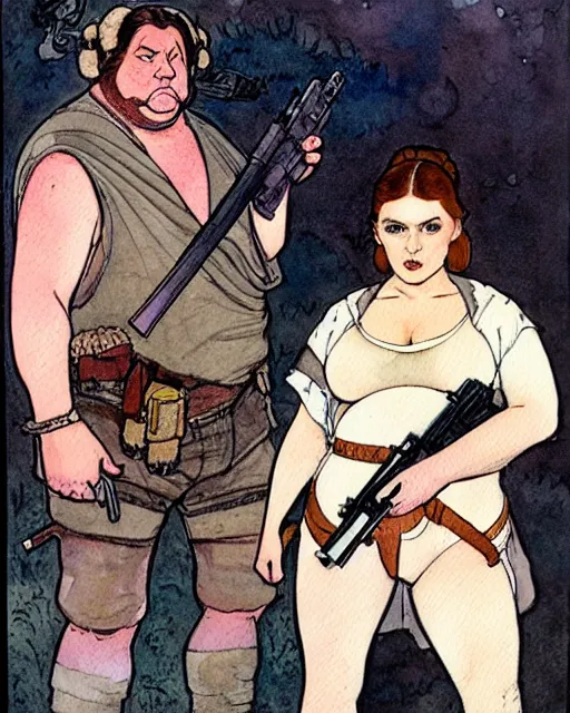 Prompt: a realistic and atmospheric watercolour fantasy character concept art portrait of a fat, chibi princess leia with pink eyes wearing a wife beater and holding a gun. by rebecca guay, michael kaluta, charles vess and jean moebius giraud