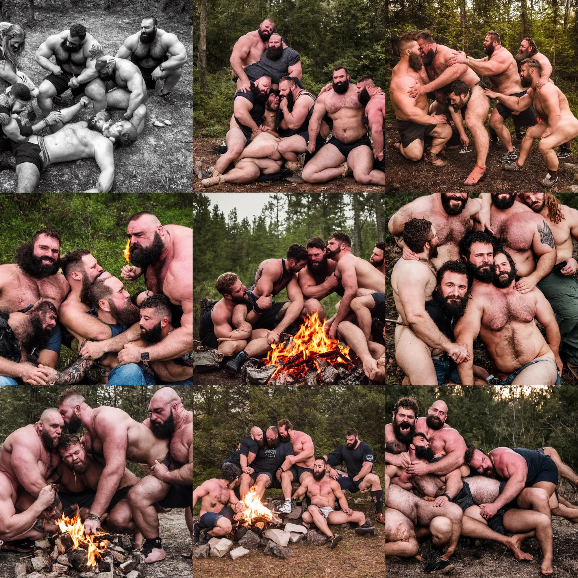 Prompt: polyamorous couple of big burly hairy manly strongmen and their lean smaller son kissing by the campfire near a like, high definition, very detailed, dad energy, photography, brotherhood, wholesome